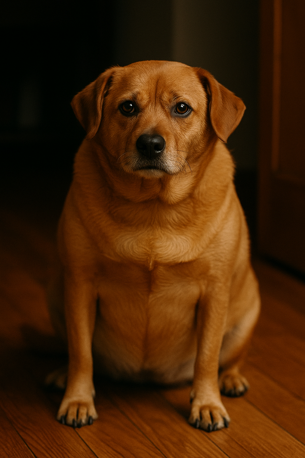 Round cinnamon-colored mixed breed dog