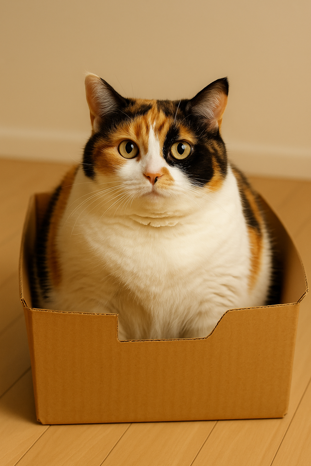 Chubby calico cat sitting proudly in a cardboard box