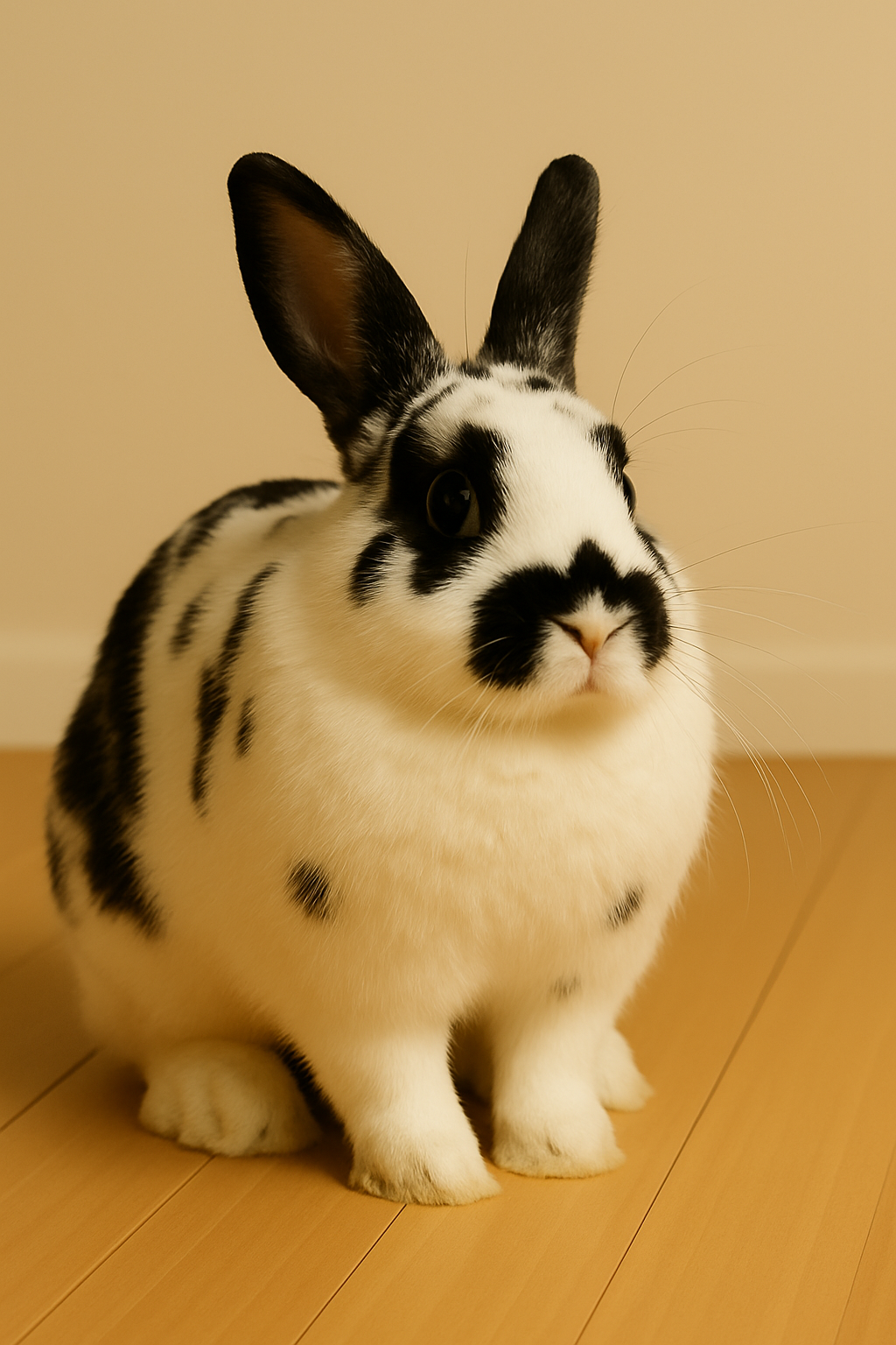 Black and white spotted rabbit in a loaf position